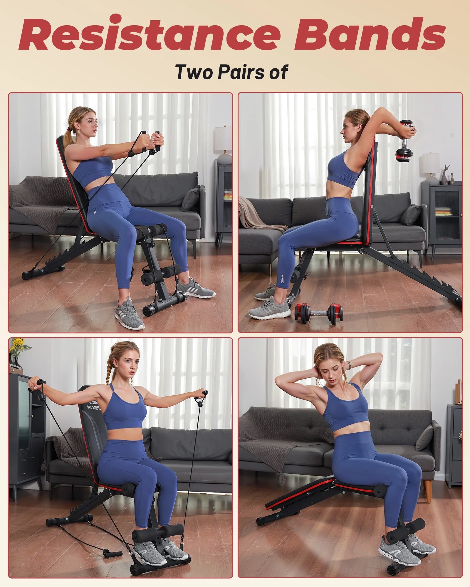 Adjustable Folding Weight Bench with Resistance Bands for Home Fitness